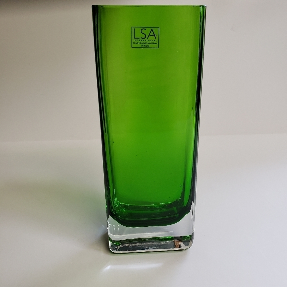Vintage LSA International Handmade & Mouthblown Tall Green Rectangle Glass Vase - Picture 3 of 10